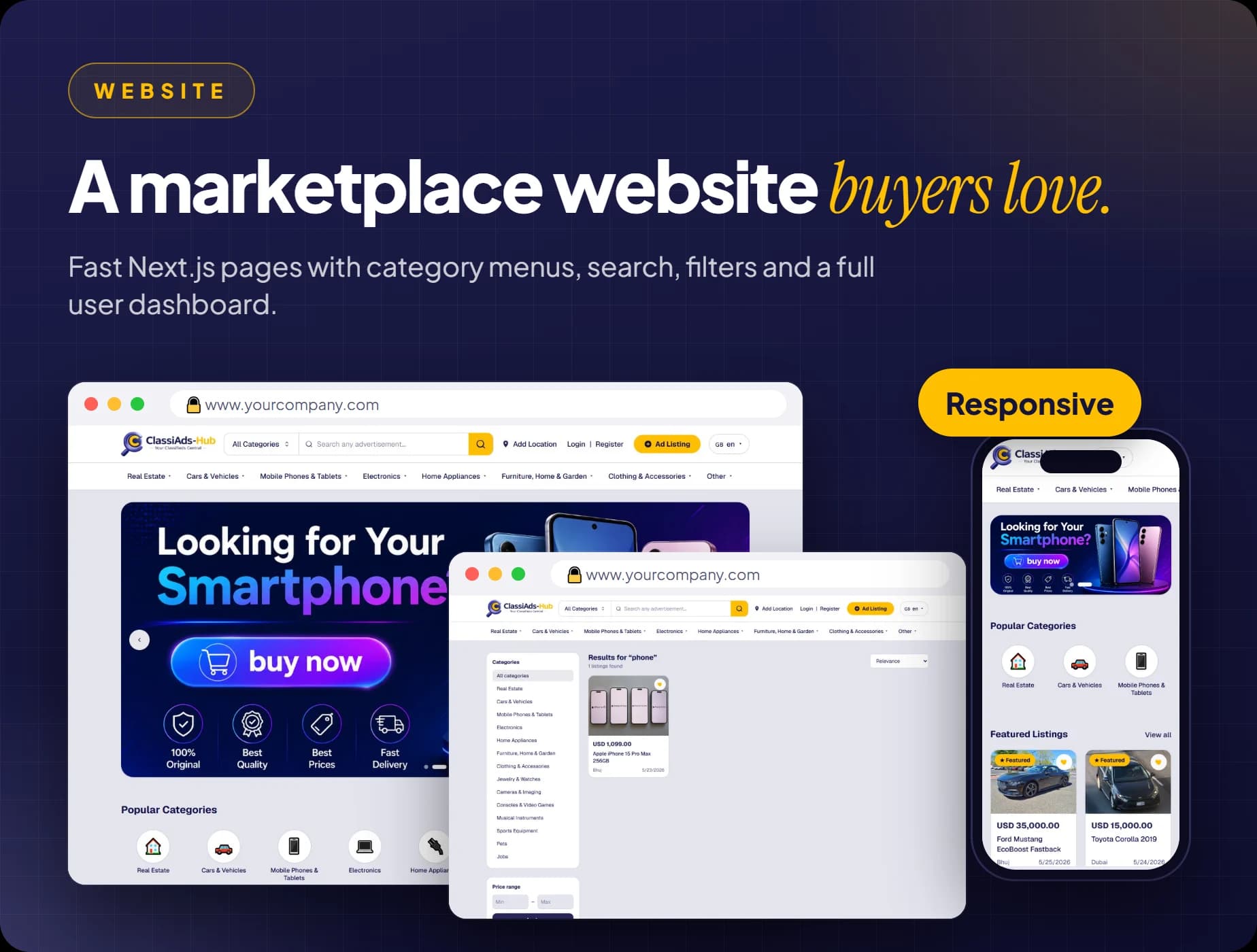 ClassiAds-Hub website home, search results and responsive mobile layout