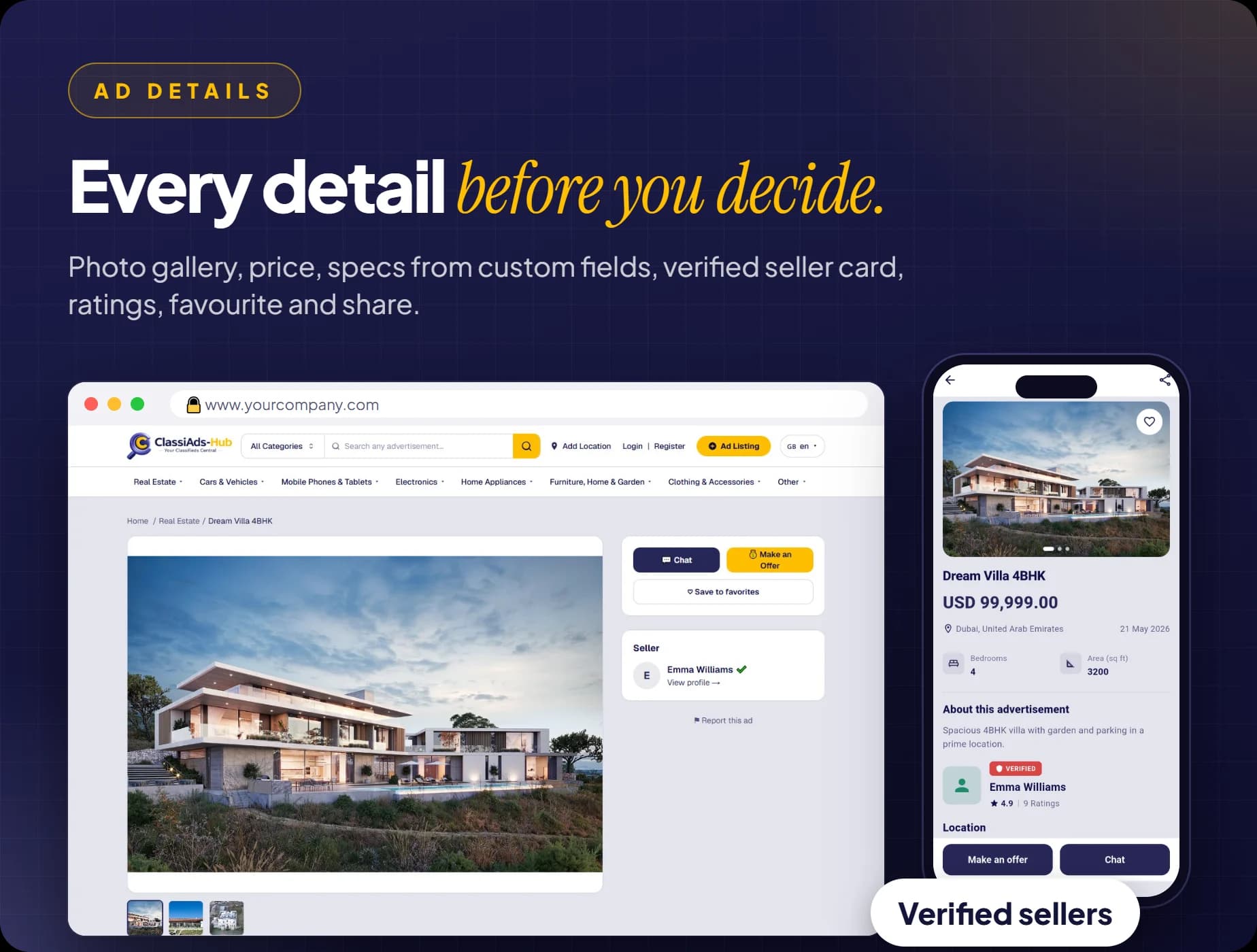 Ad detail page with photo gallery, price, specs, verified seller card and ratings, on the website and in the app