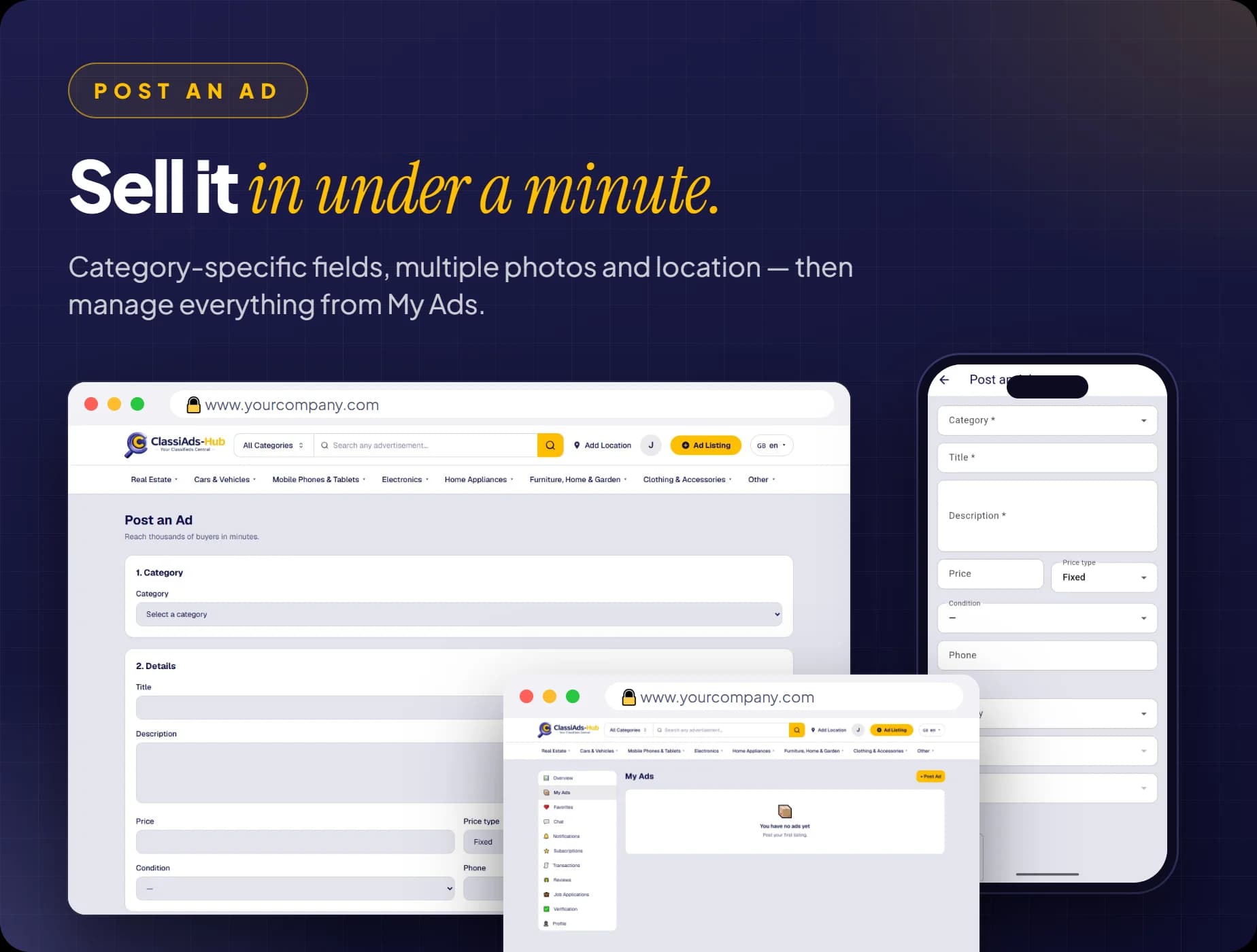 Post an ad with category fields, photos and location, and manage it from My Ads