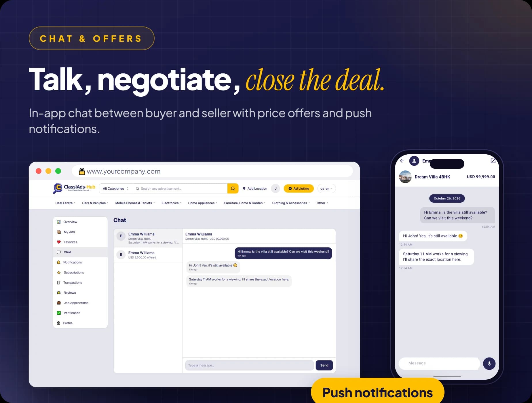 Chat between buyer and seller with price offers and push notifications