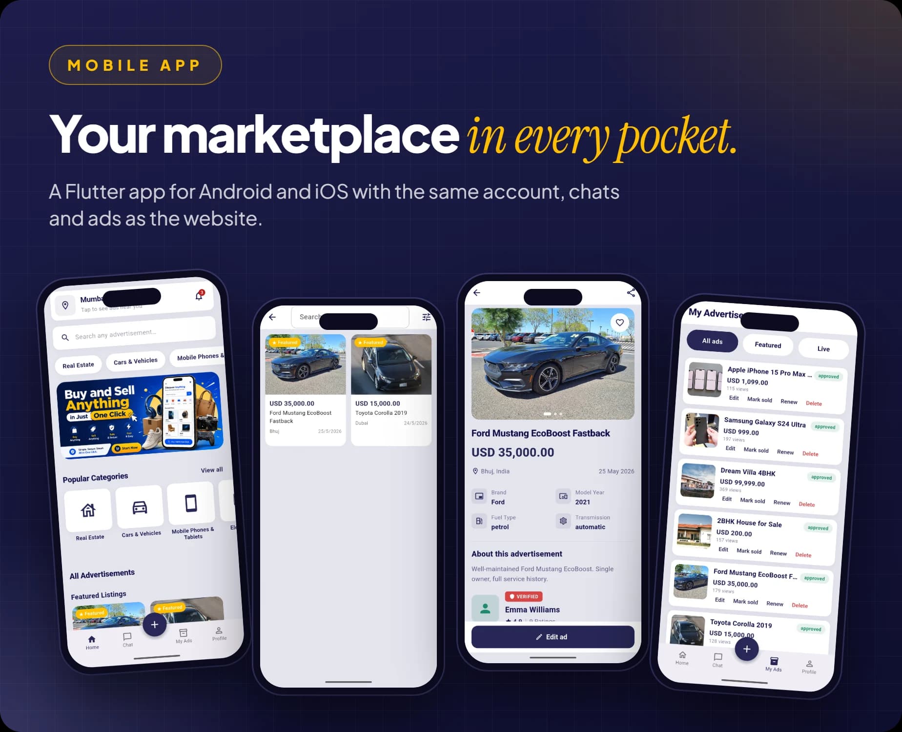 ClassiAds-Hub Flutter app: home, categories, ad detail and My Ads