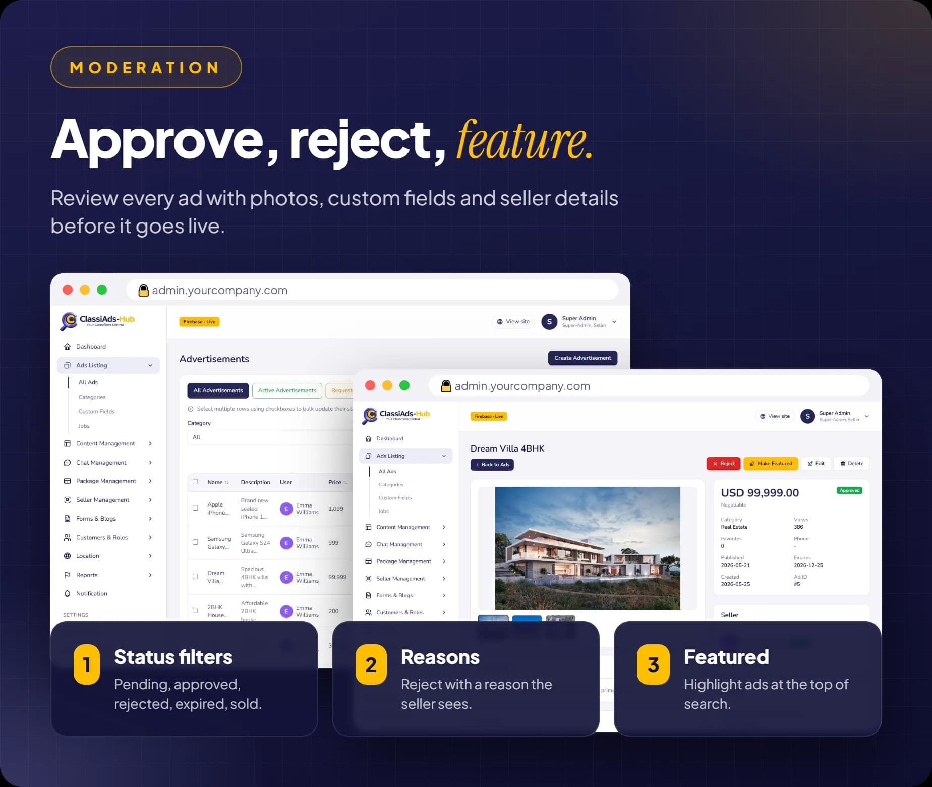Ads moderation list with status filters and the ad review screen