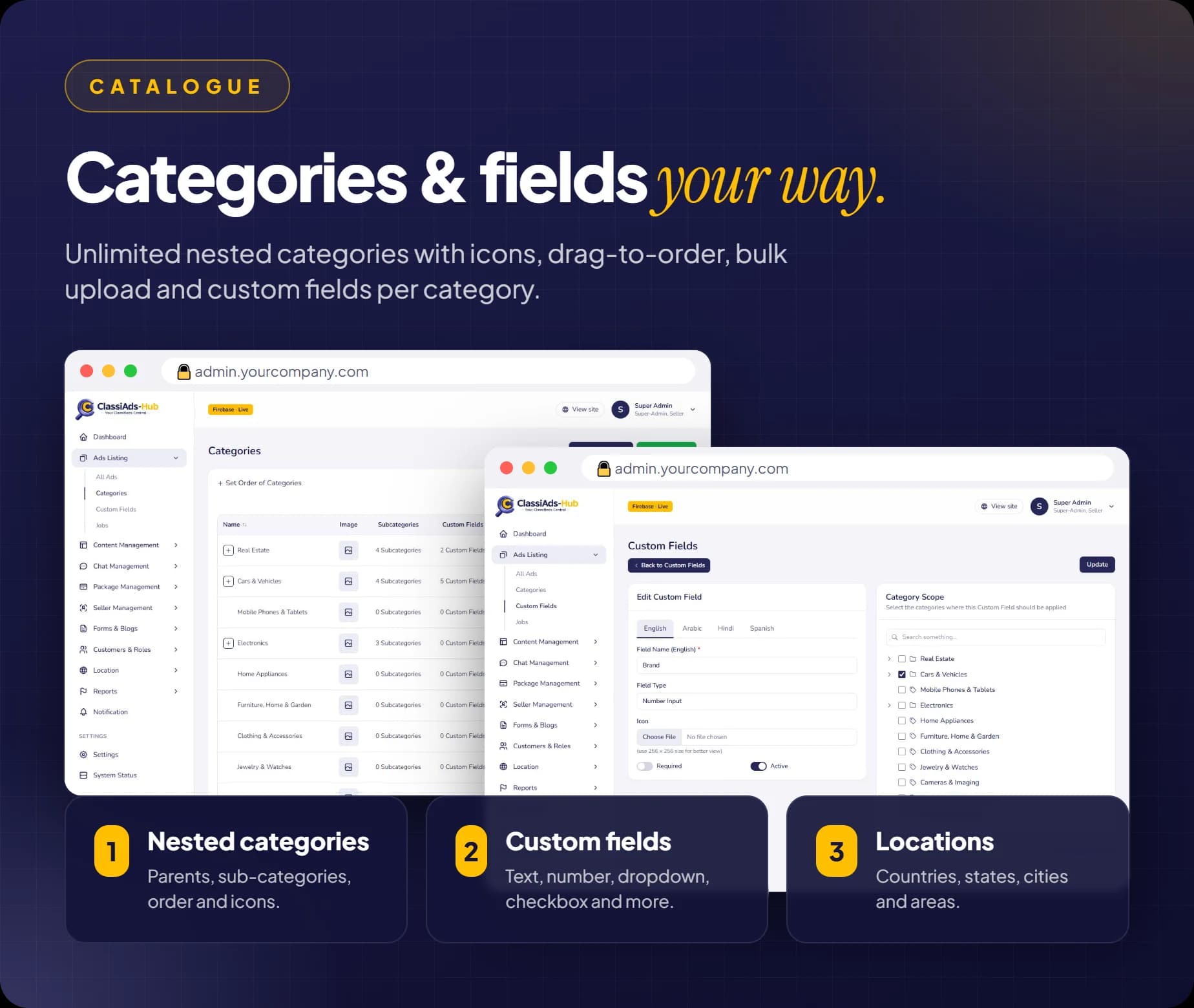 Nested categories with icons and ordering, and custom fields per category