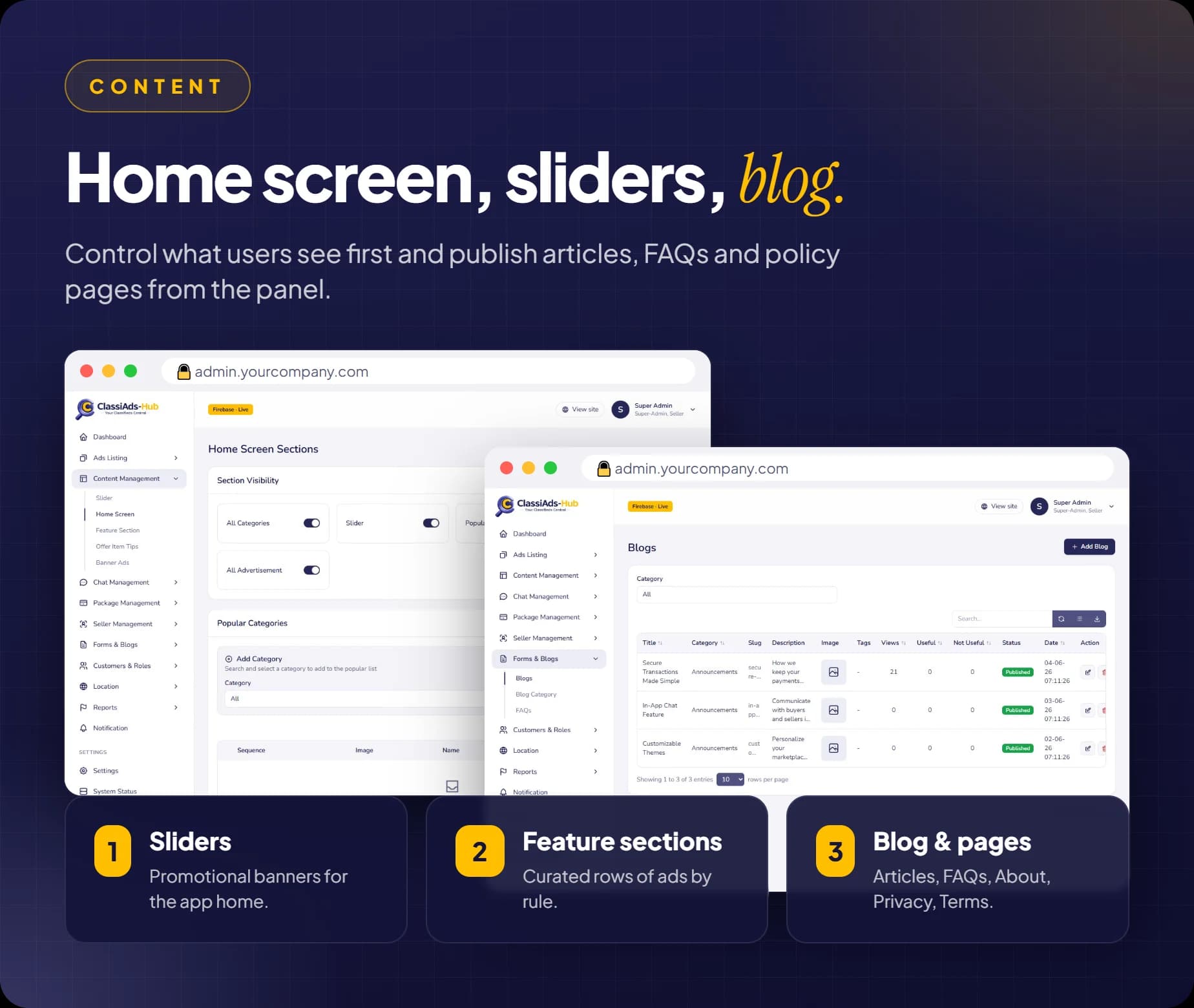 Home screen sections, sliders, feature sections and the blog editor