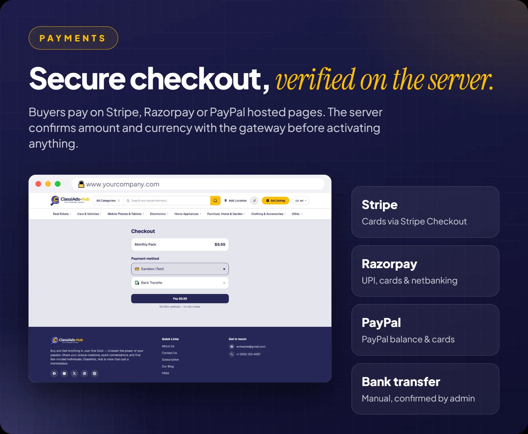 Website checkout with Stripe, Razorpay, PayPal and bank transfer, verified on the server