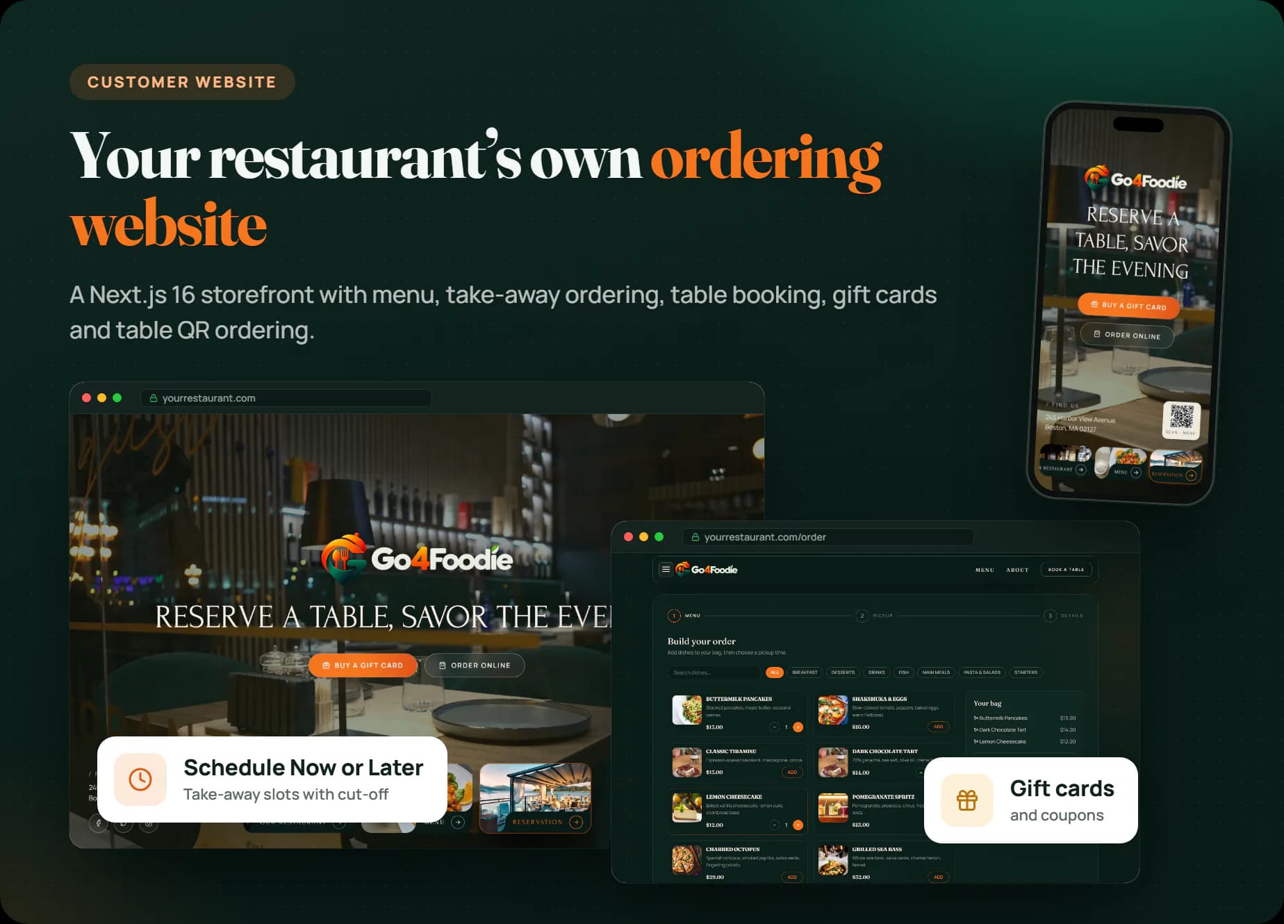Go4Foodie online ordering website with menu, cart and scheduled pickup