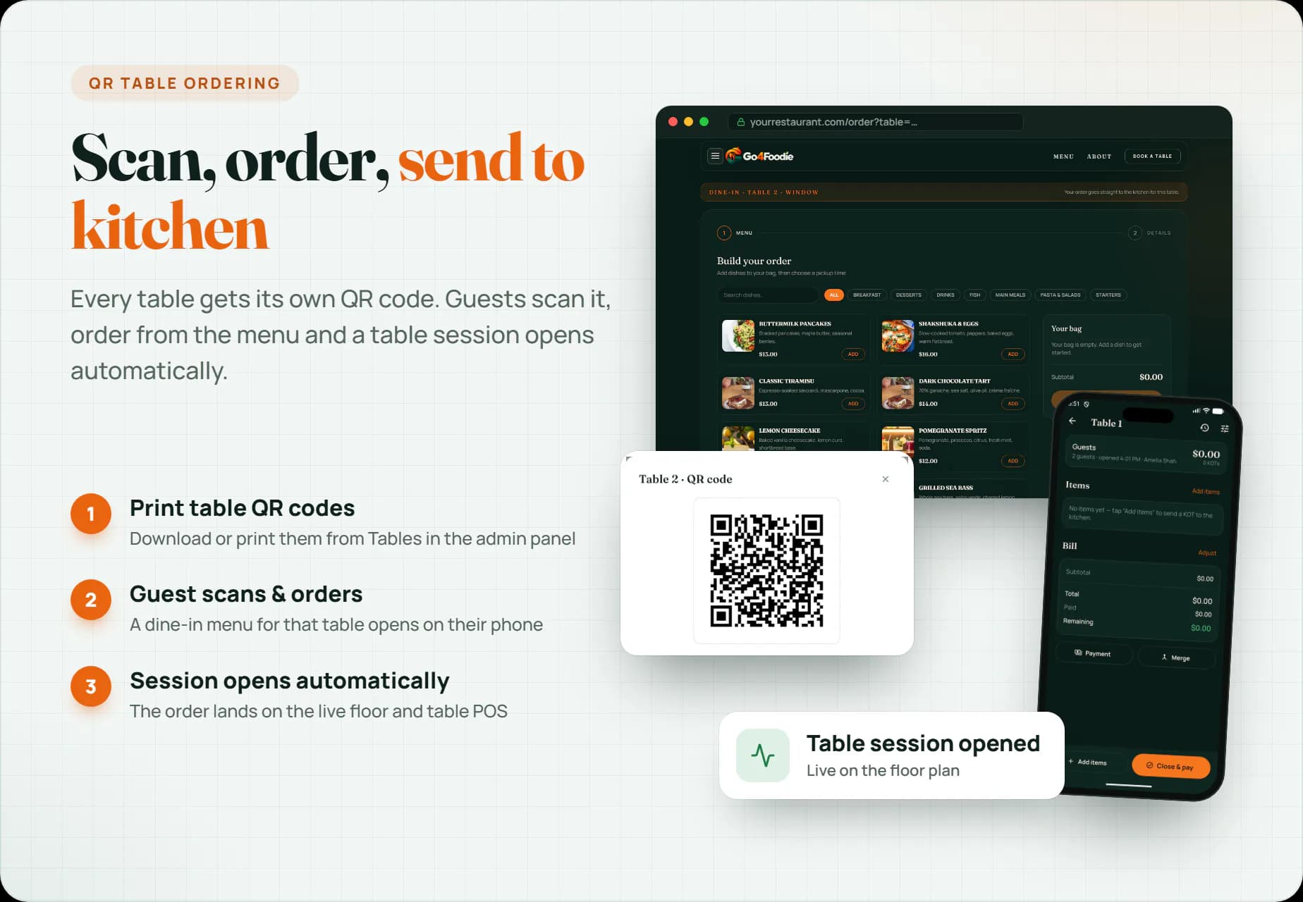 Scan the table QR code, order from the menu and send it straight to the kitchen