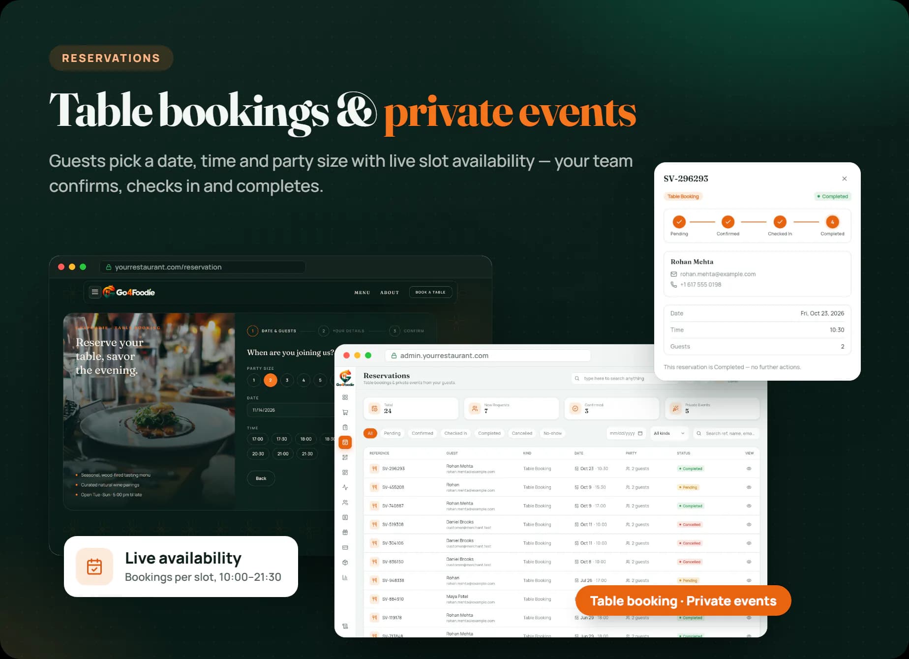 Table bookings and private events with live slot availability