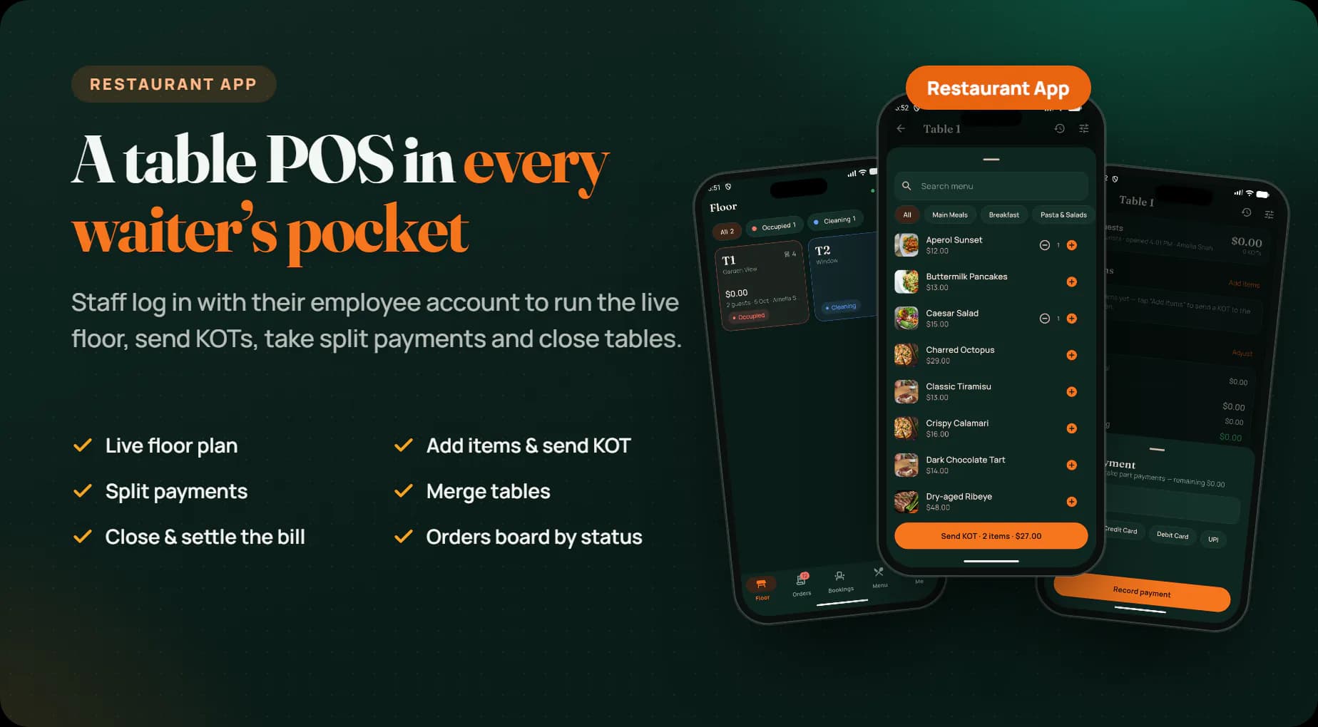 Go4Foodie Restaurant App: live floor, table bill, add items, split payments and close tables