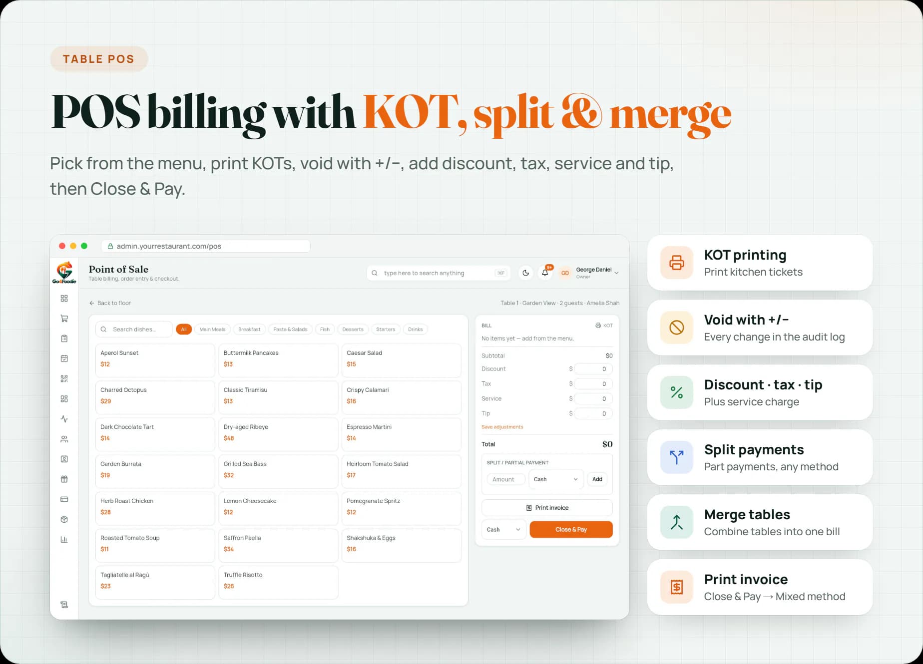 Table POS: KOT printing, void, discount, tax, service, tip, split payments, merge tables and invoice