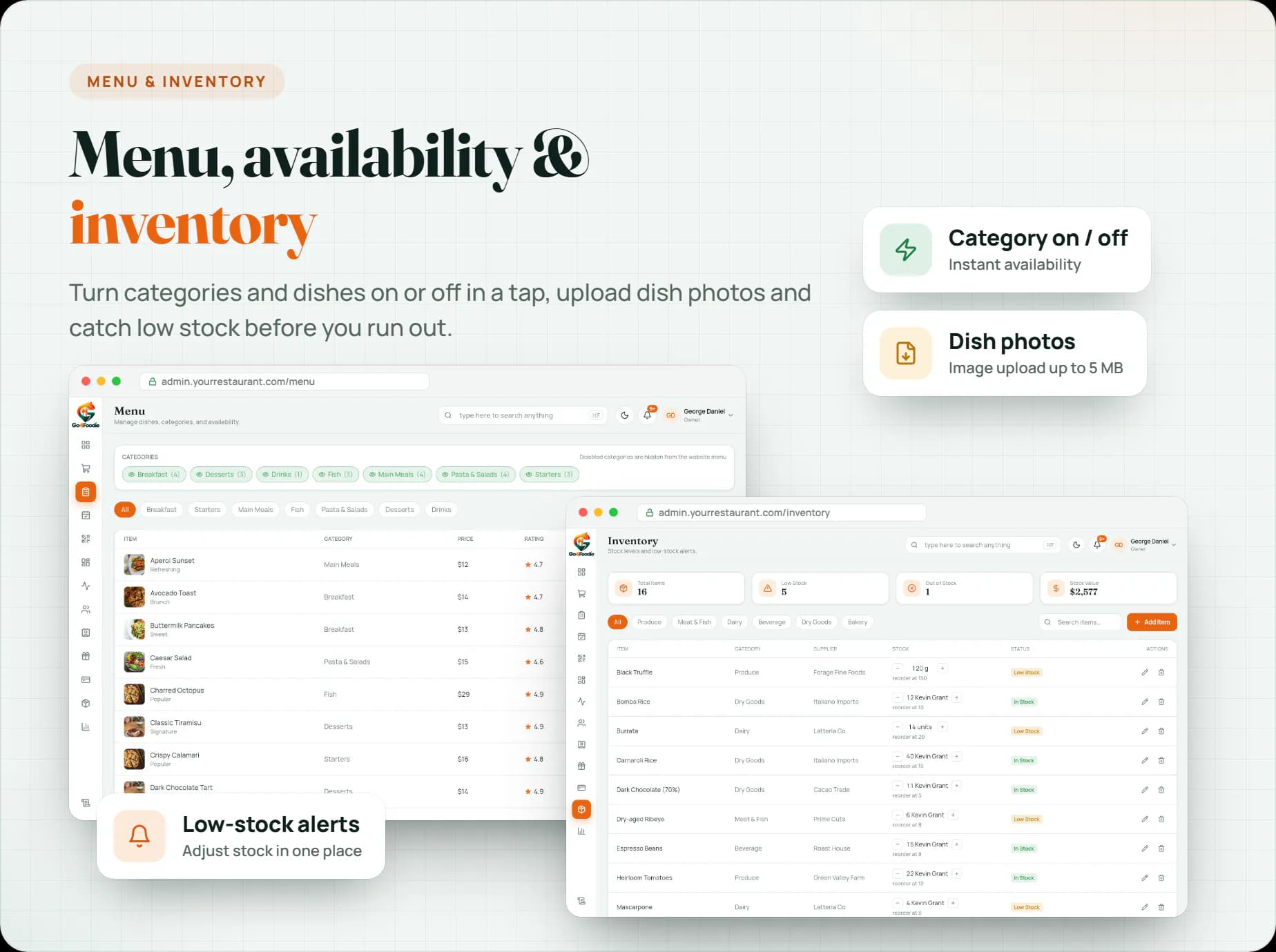 Menu and category availability, image upload and inventory with low-stock alerts