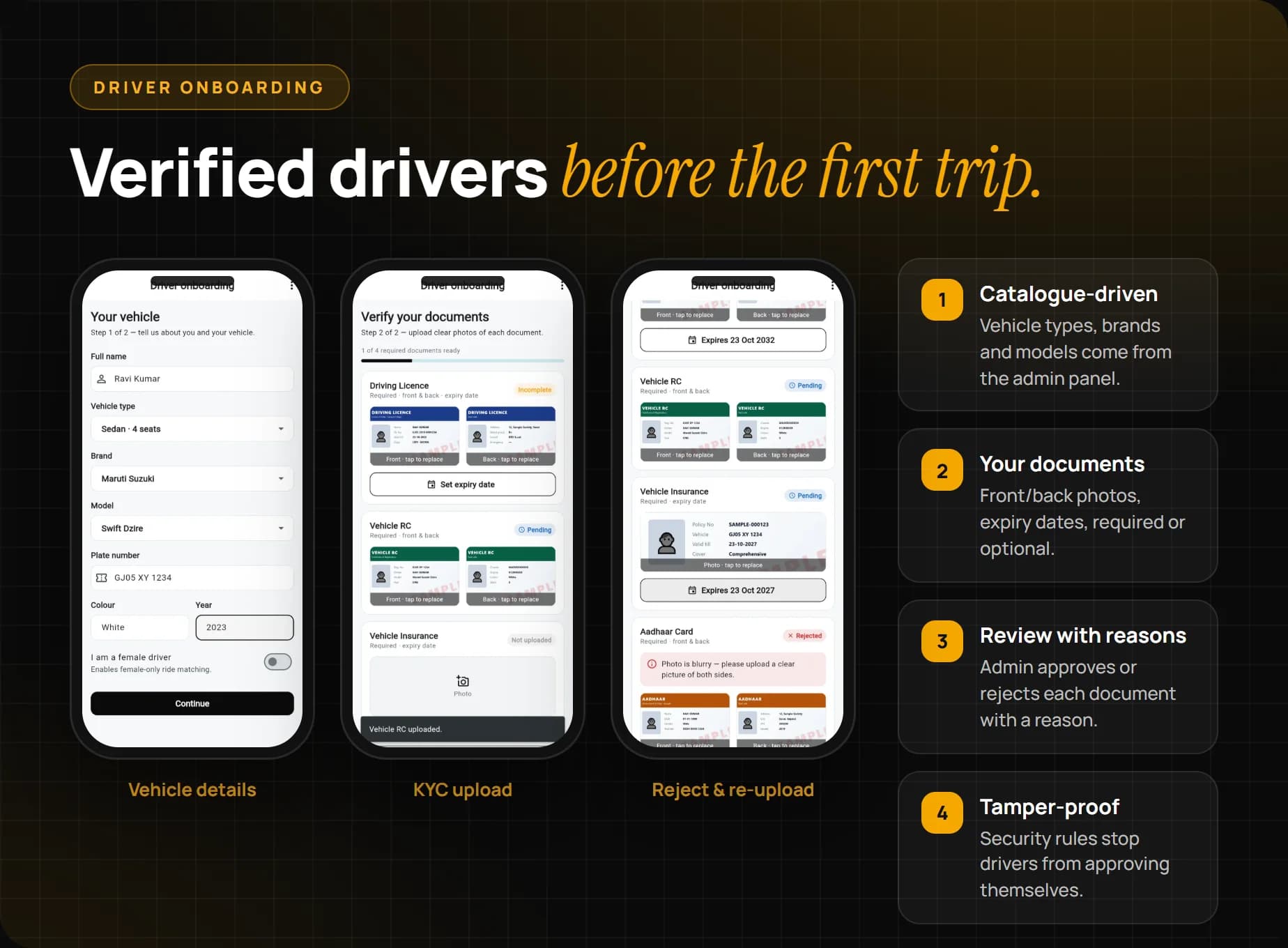 Driver registration: vehicle details from the admin catalogue and KYC document upload with review and re-upload