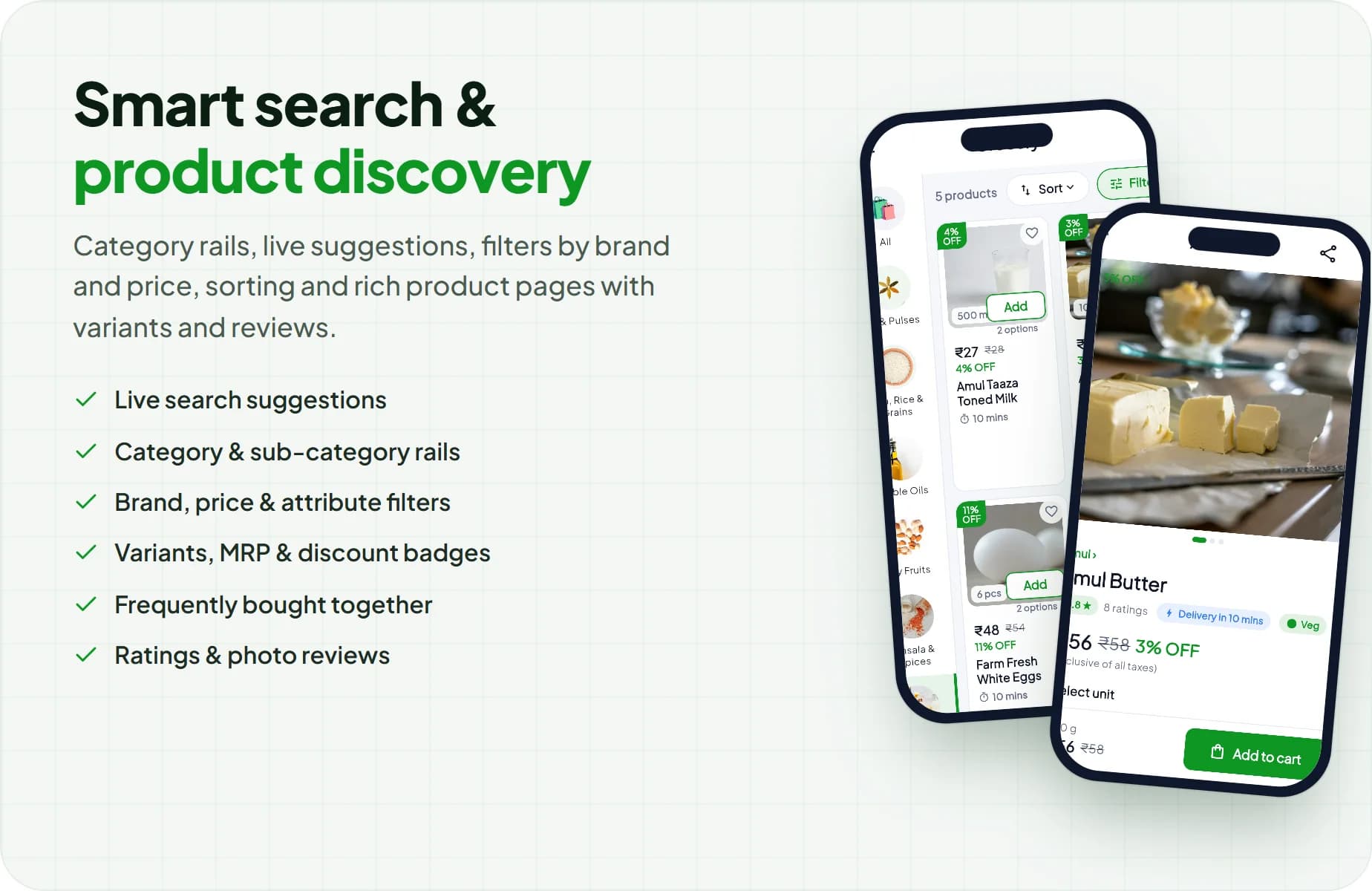 Smart search, category rails, filters and product detail pages in the QwikMart app