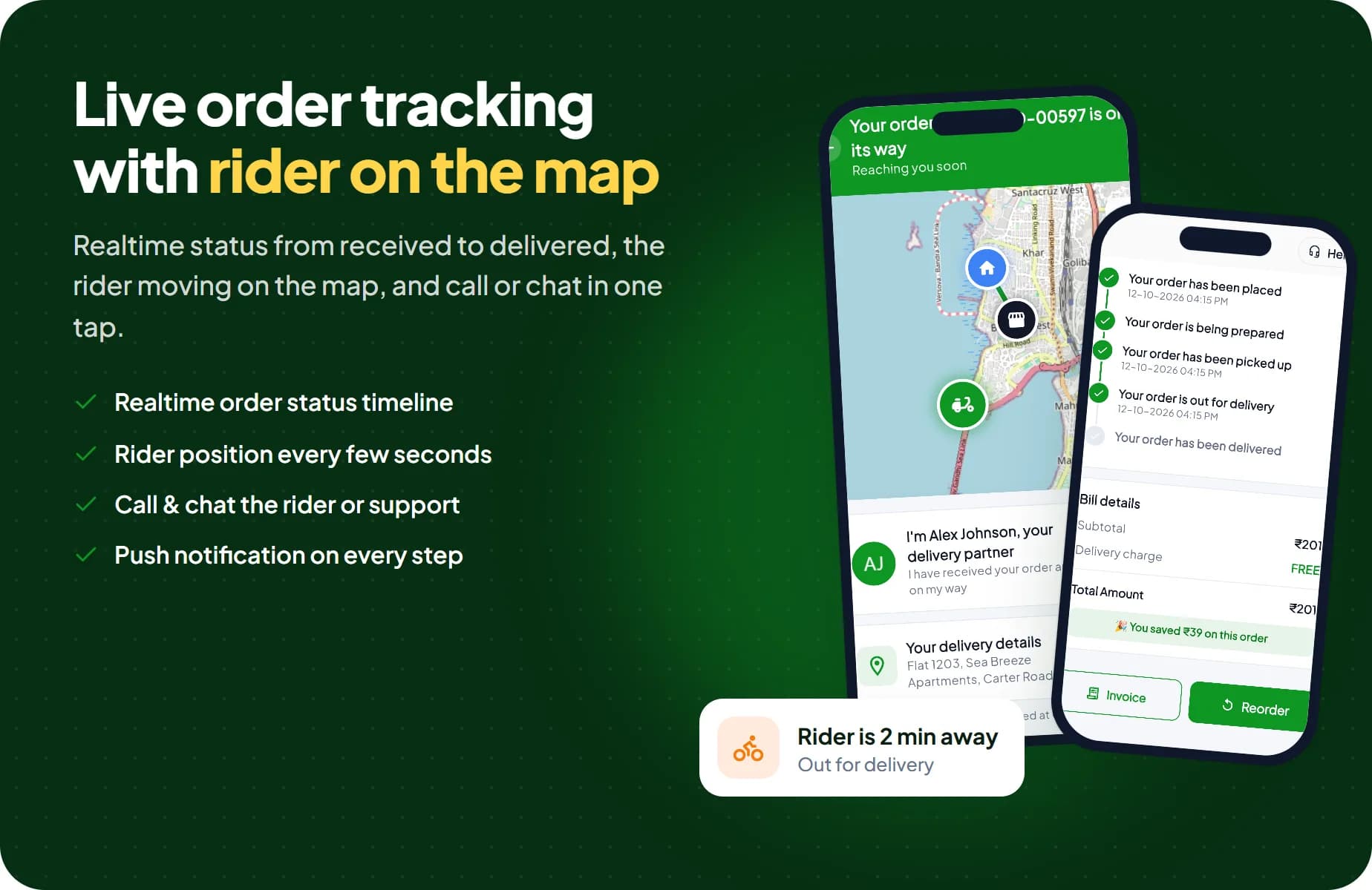 Live order tracking with the rider on the map in the QwikMart customer app