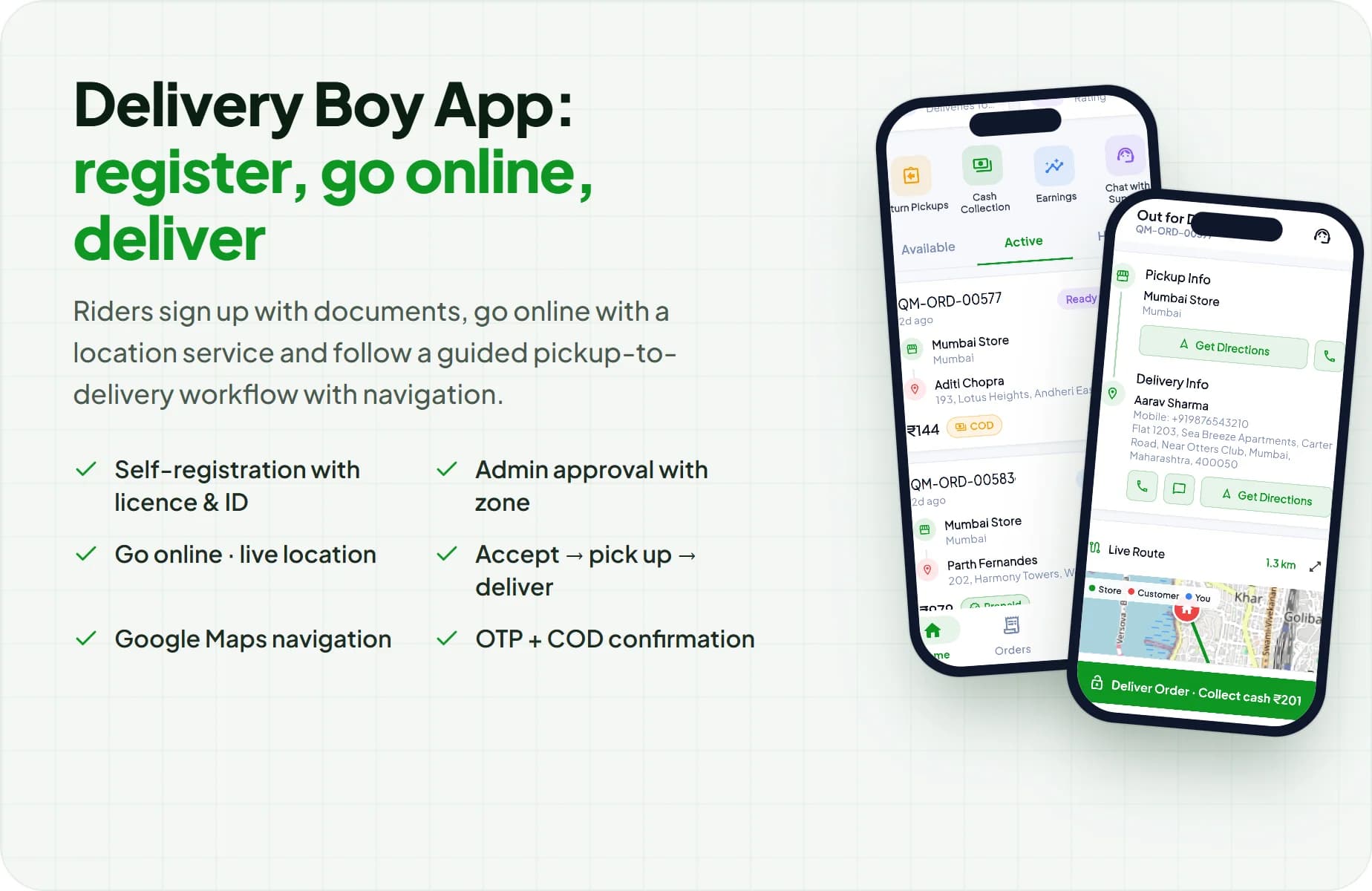 QwikMart Delivery Boy App: registration, go online with live location and guided delivery workflow