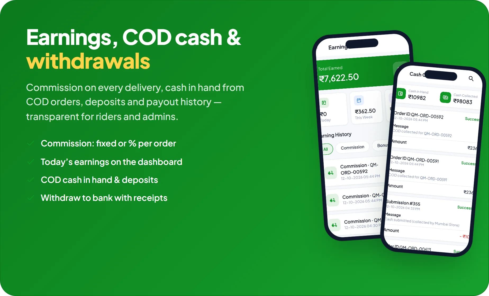 Rider earnings, COD cash in hand and withdrawals in the QwikMart Delivery Boy App