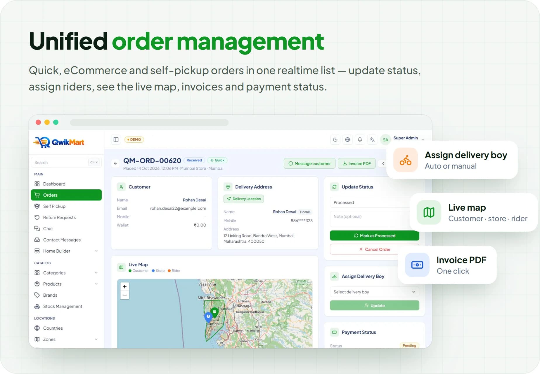 Unified order management with rider assignment, live map and invoices