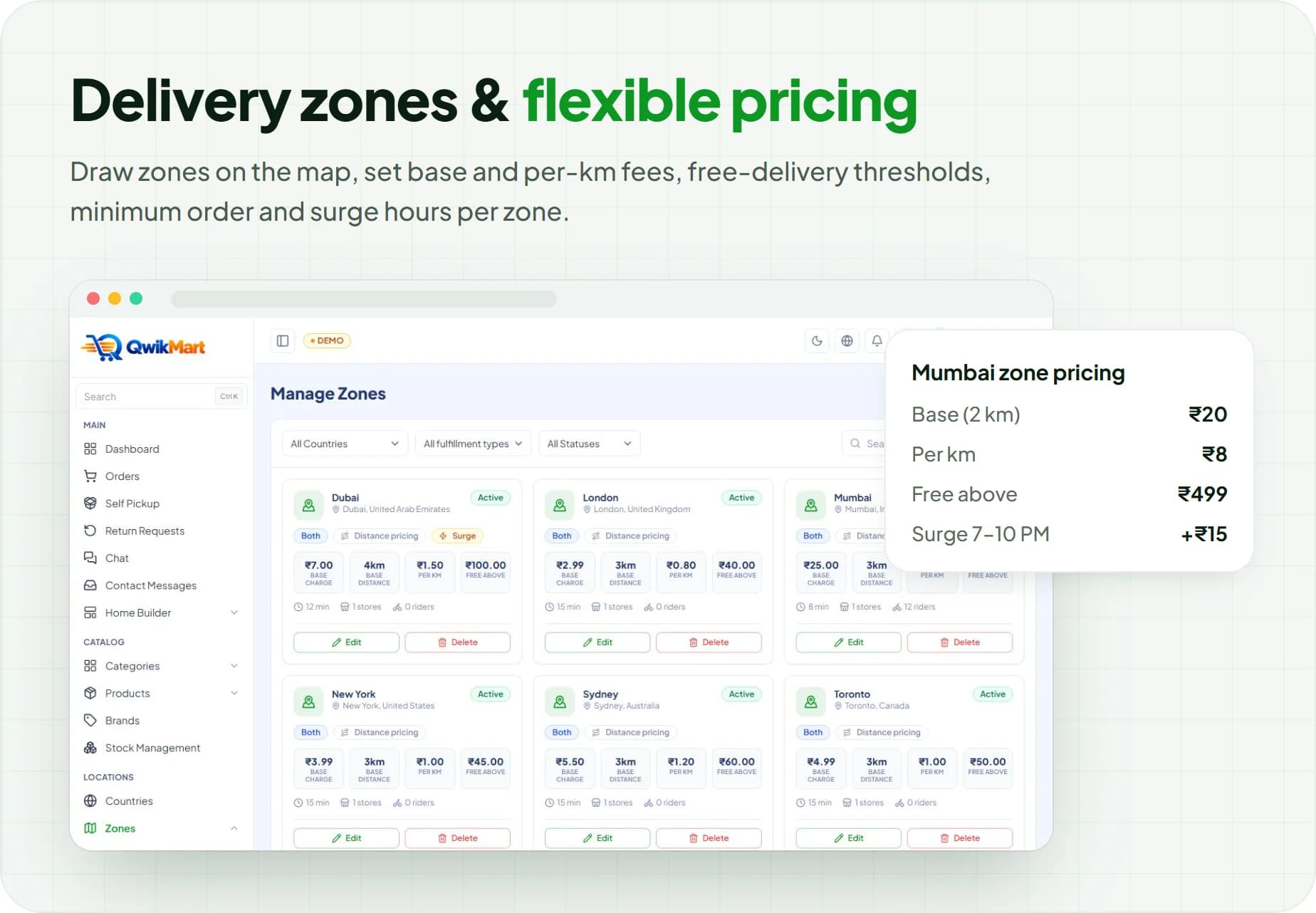 Delivery zones drawn on the map with base, per-km, free-delivery and surge pricing