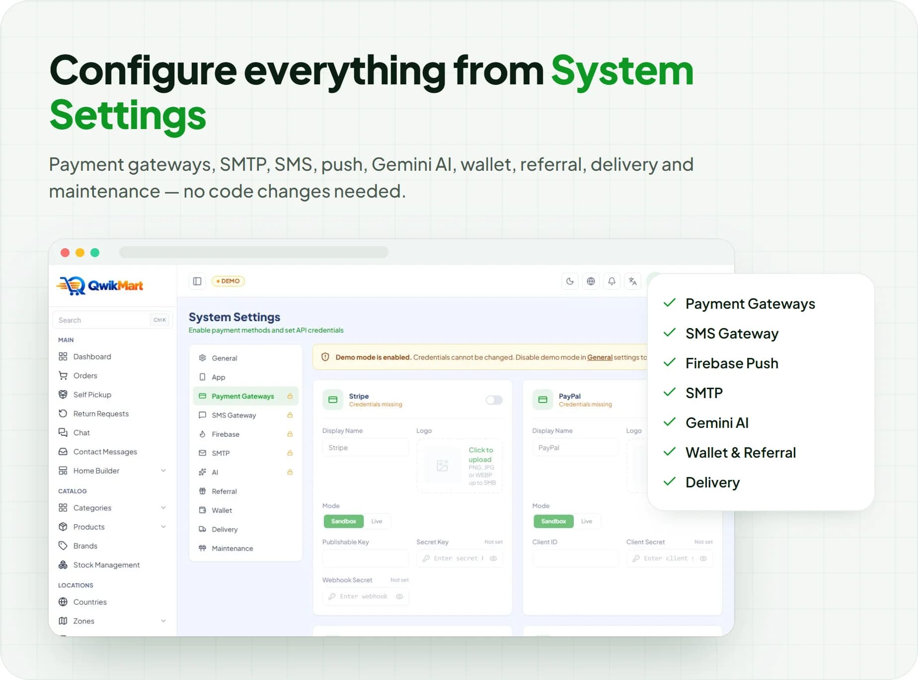 System settings for payment gateways, SMTP, SMS, push, AI, wallet, referral and delivery
