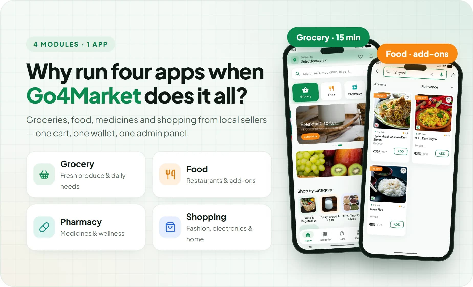 Go4Market runs Grocery, Food, Pharmacy and Shopping modules in one multi-vendor app with one cart and one admin panel