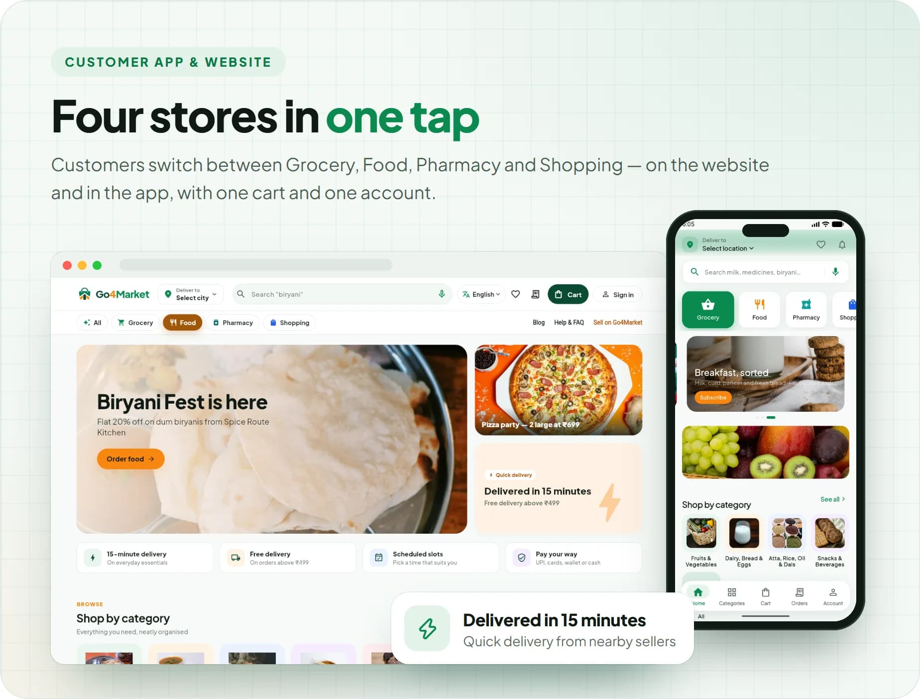 Grocery, food, pharmacy and shopping on the Go4Market website and customer app