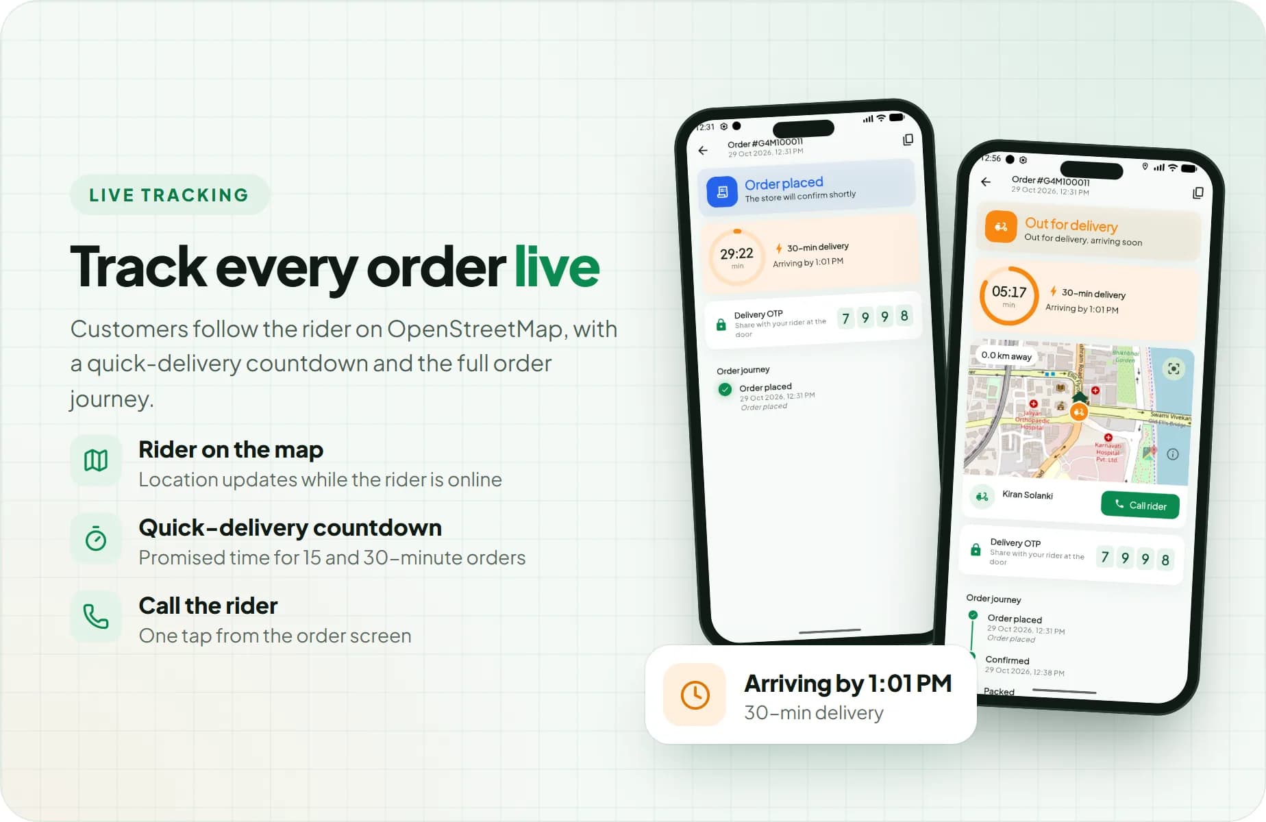 Live order tracking with the rider on OpenStreetMap and a quick-delivery countdown