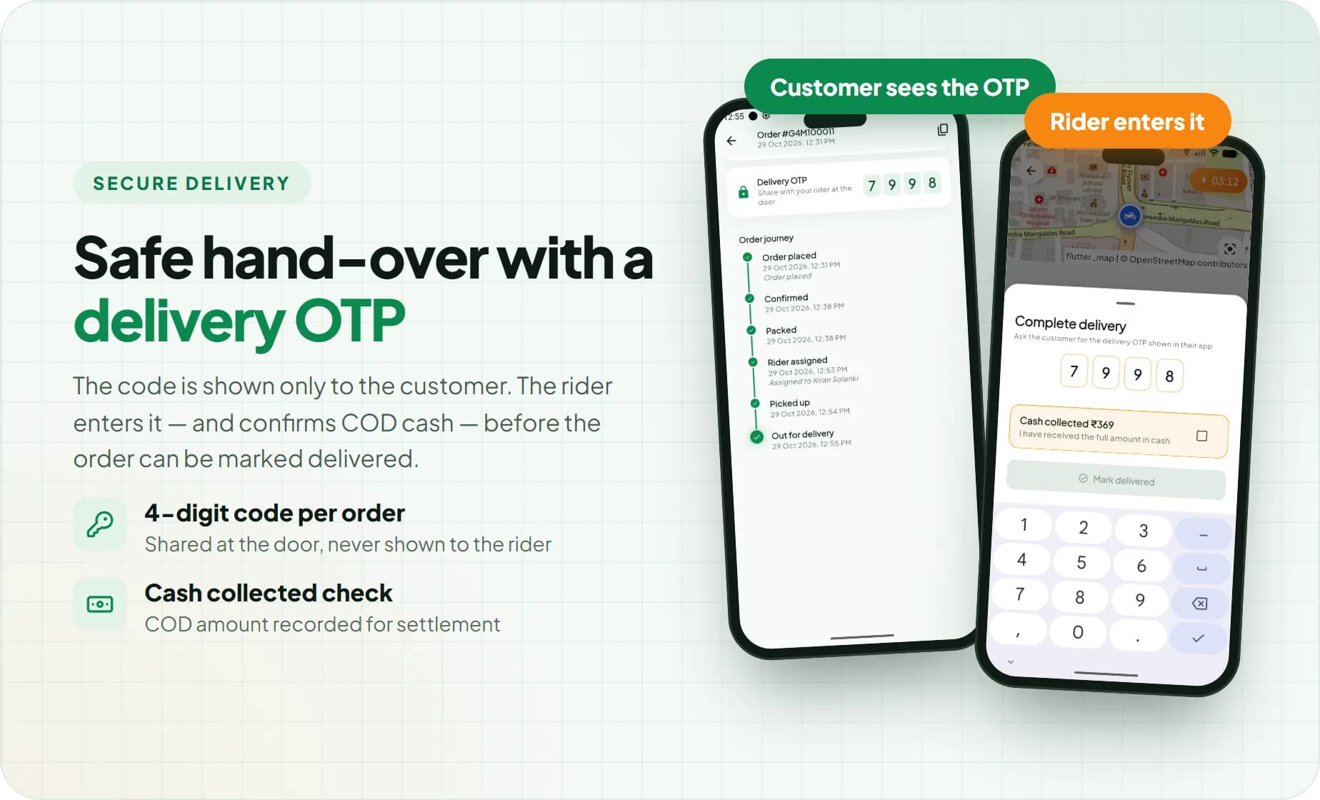 Secure delivery with a 4-digit OTP shown only to the customer