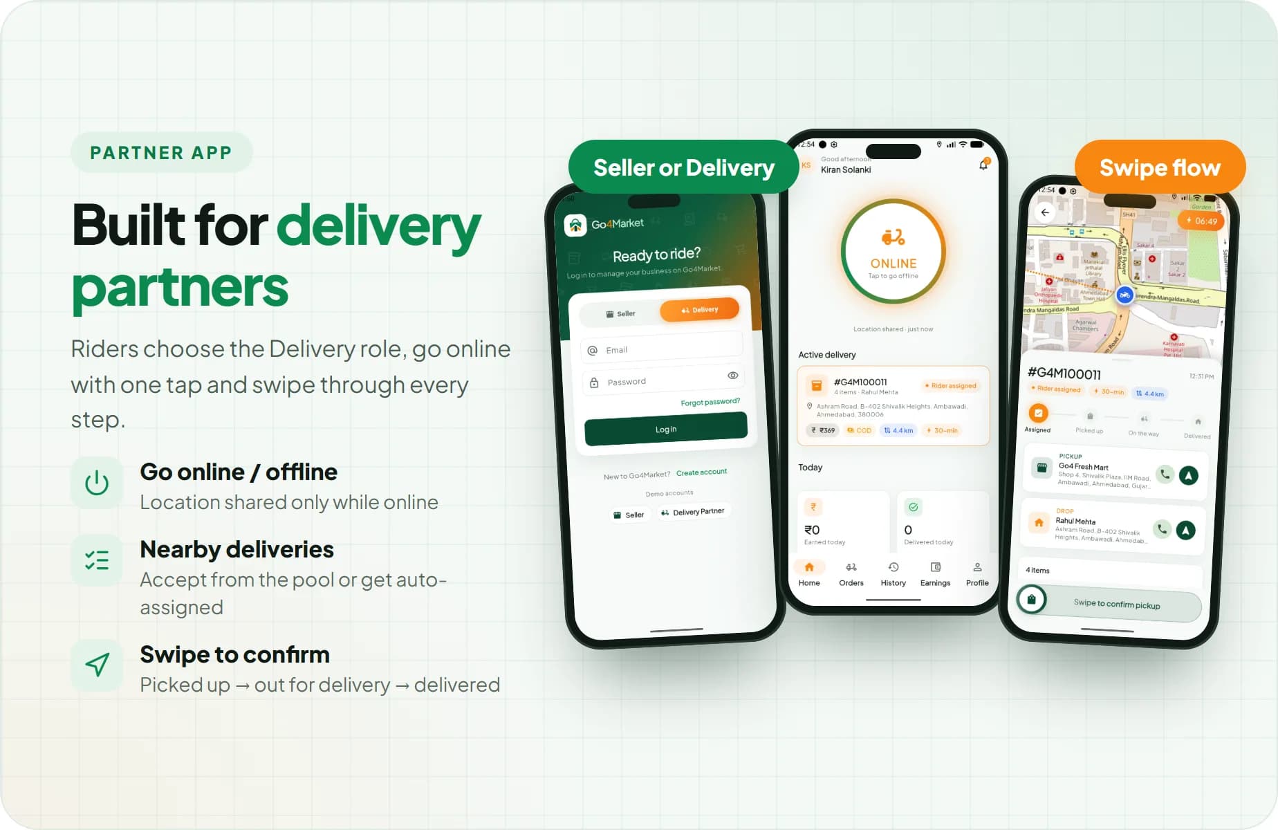 Go4Market Partner App for delivery partners: go online, accept nearby deliveries and swipe through pickup to delivery
