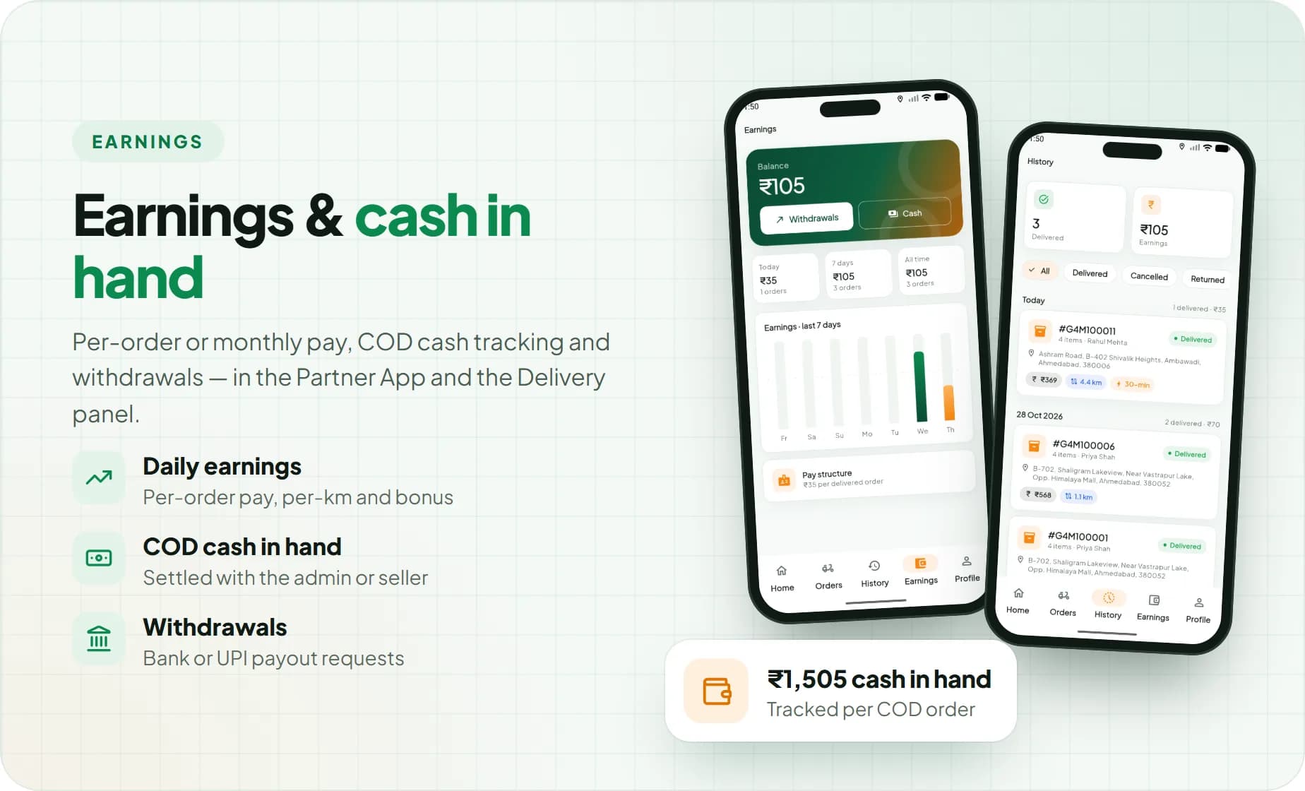 Rider earnings, COD cash in hand, delivery history and withdrawals in the Partner App