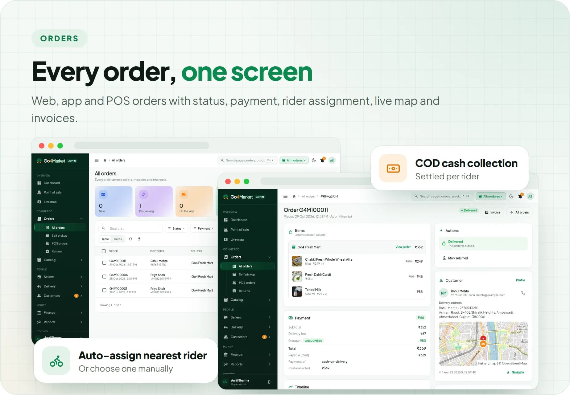 Unified order management with rider assignment, live map, cash collection and invoices