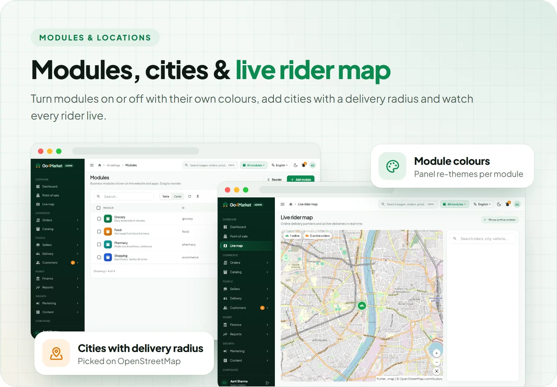 Modules with their own colours, cities with delivery radius and live rider map
