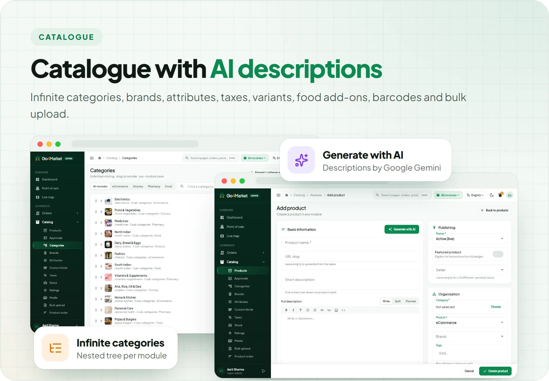 Product catalogue with infinite categories, variants, food add-ons, bulk upload and Google Gemini AI descriptions