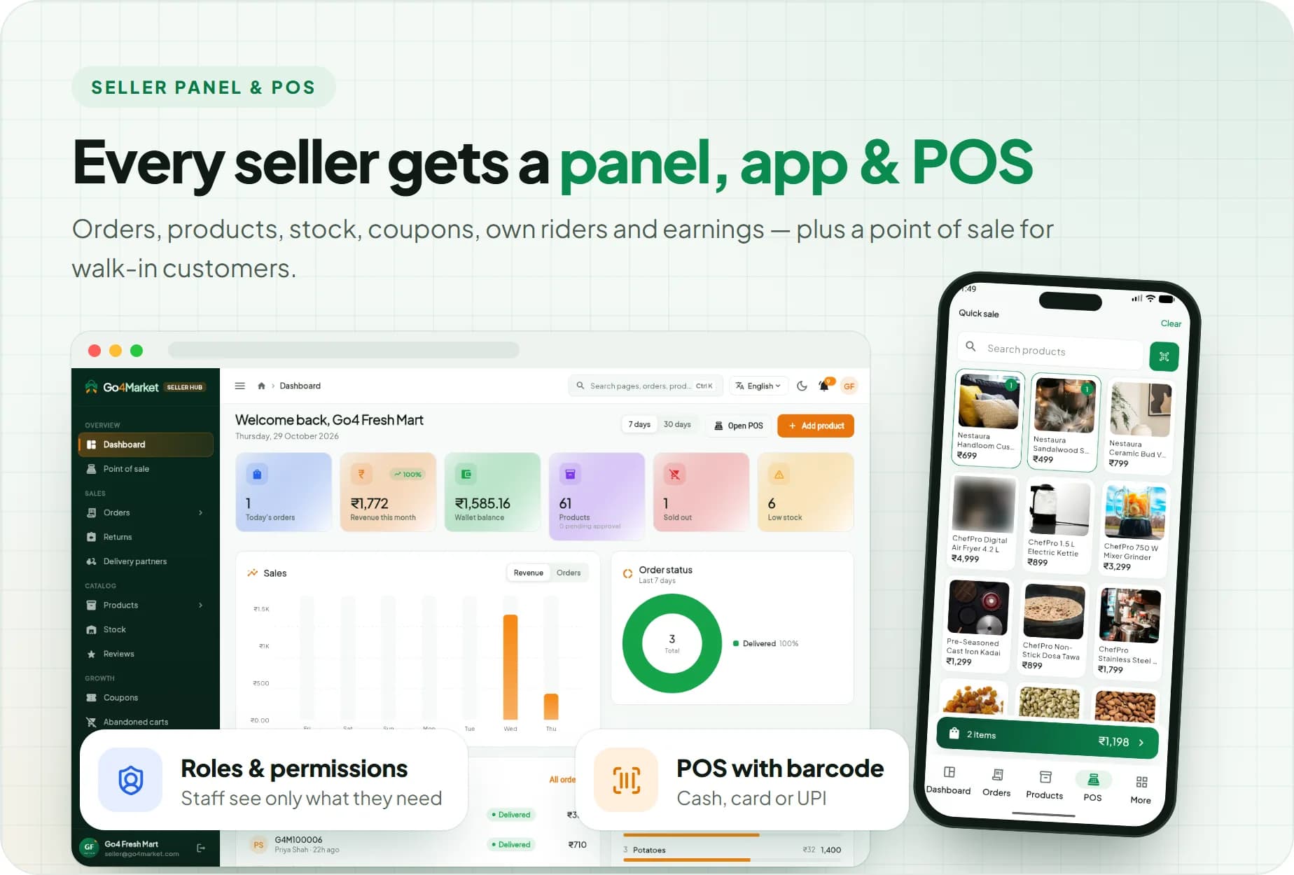 Seller panel and Partner App with POS and barcode scanning, plus roles and permissions for staff