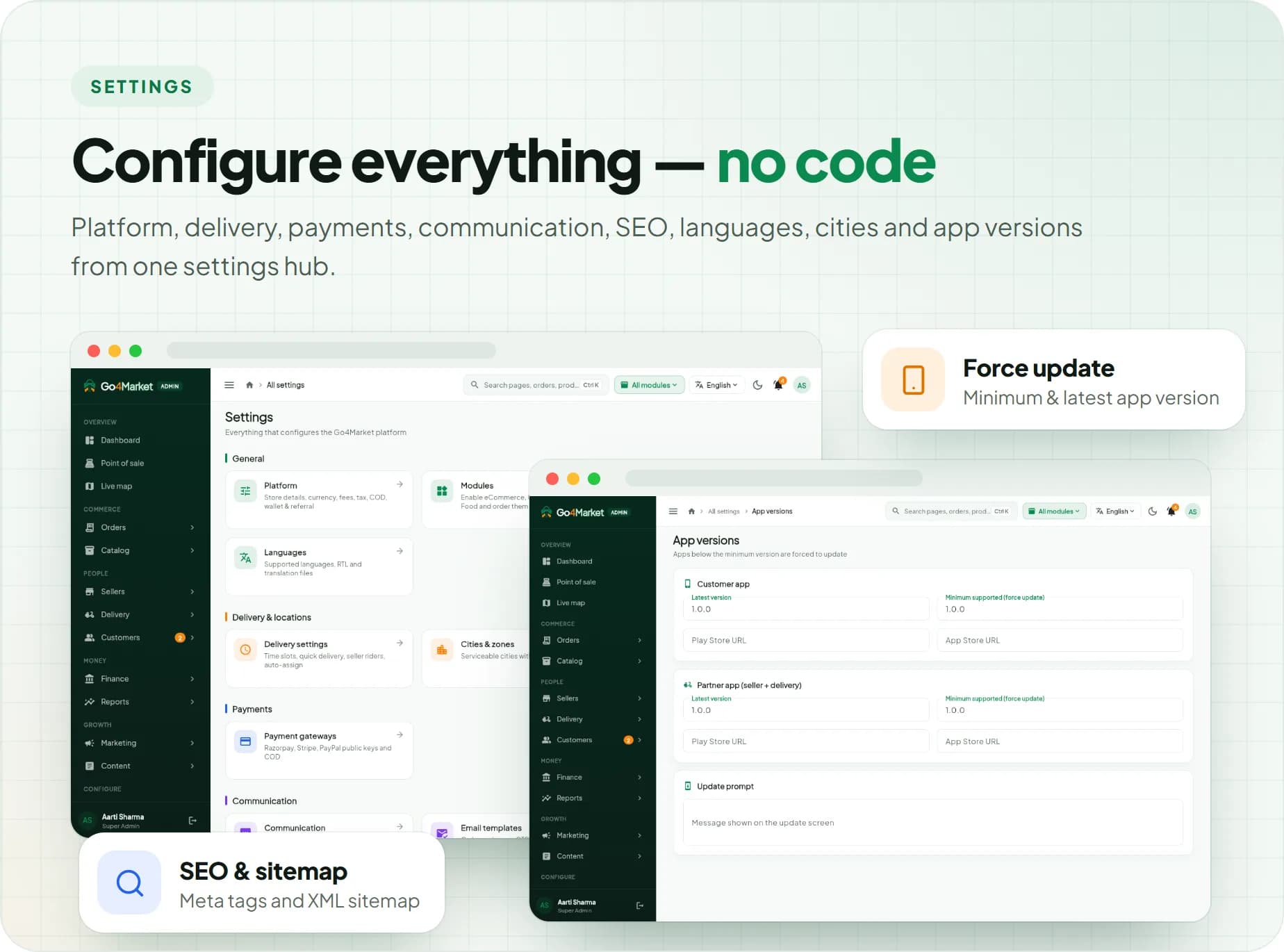 Settings for payments, delivery, communication, SEO, app versions and force update