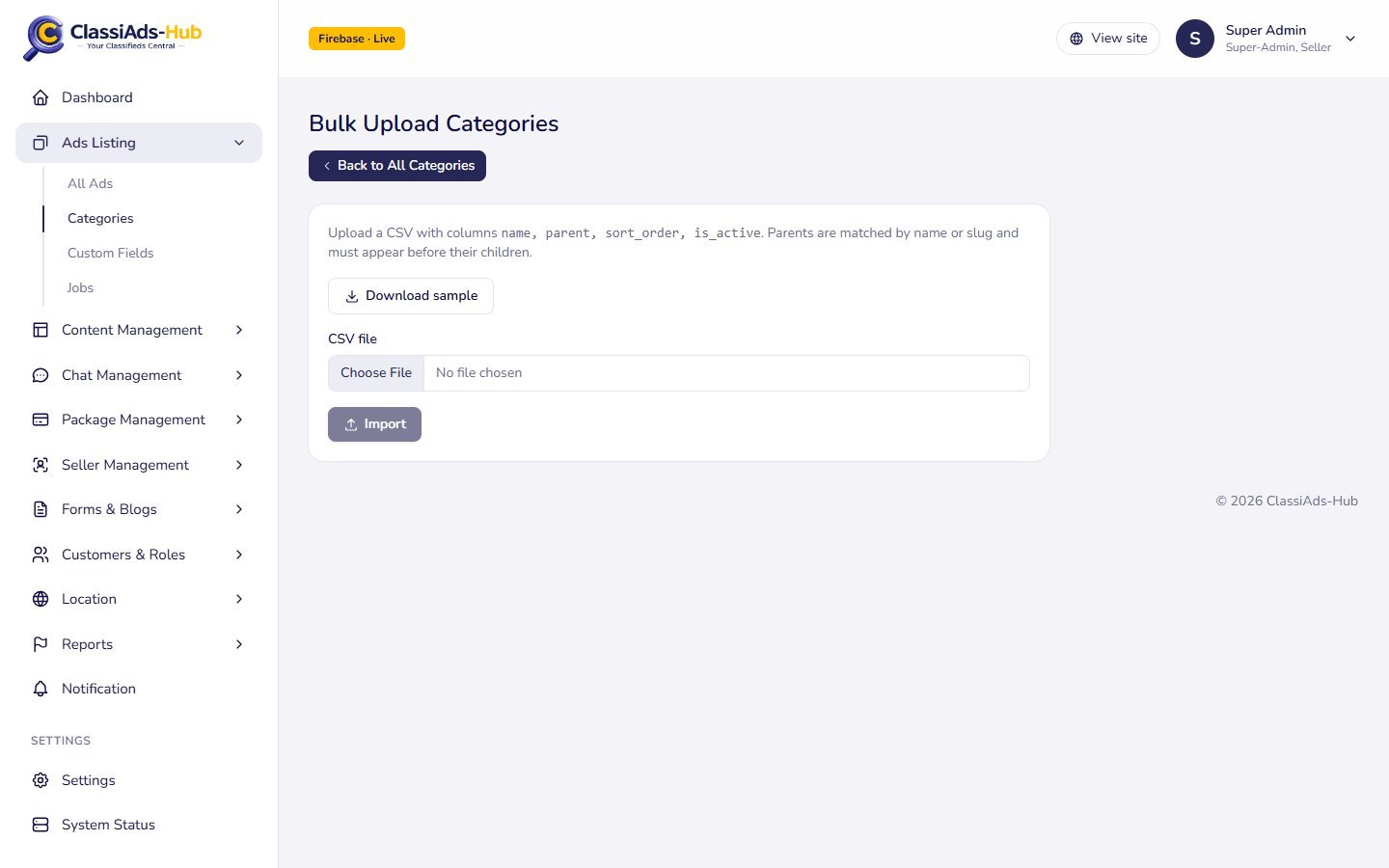 Bulk upload categories